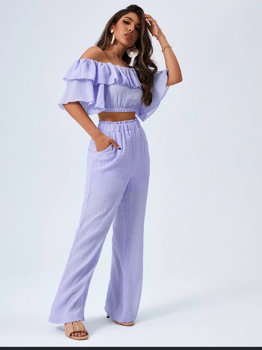 SHEIN Lavender Ruffle Off-Shoulder Crop Top & Wide-Leg Pants Set